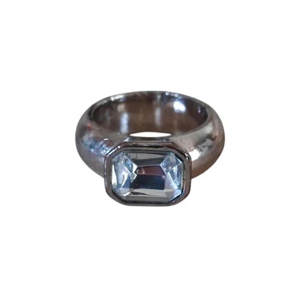 Silver Toned Rectangular Rhinestone Chunky Wide Band Heavyweight Ring Size 7